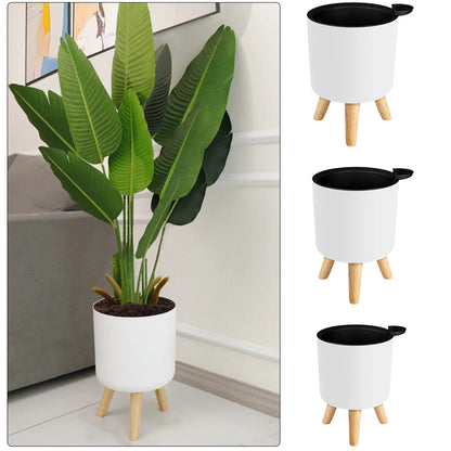 Self-Watering Modern Plant Stand with Wooden Legs - Round Minimalist Pot