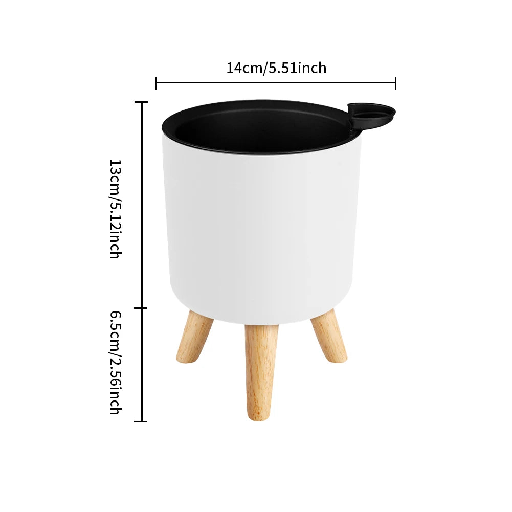 Self-Watering Modern Plant Stand with Wooden Legs - Round Minimalist Pot