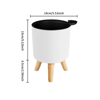 Self-Watering Modern Plant Stand with Wooden Legs - Round Minimalist Pot