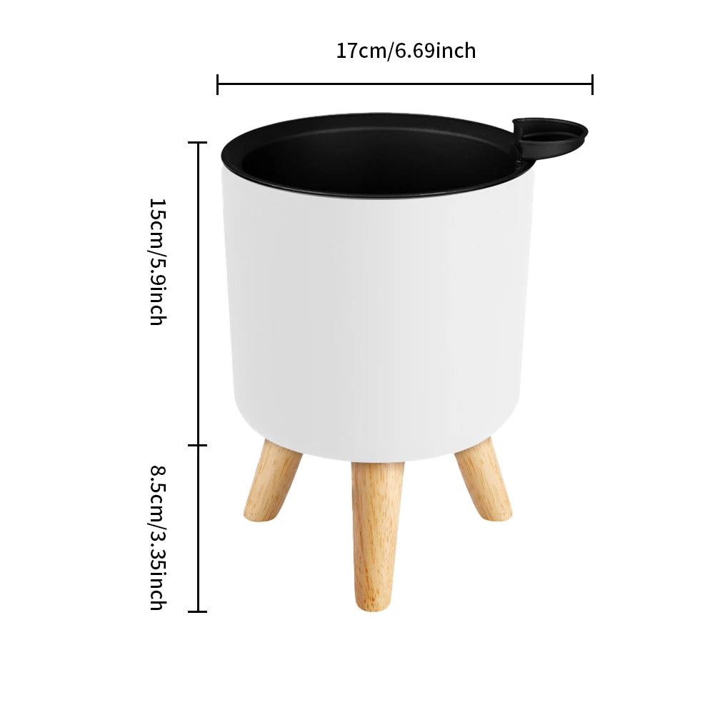 Self-Watering Modern Plant Stand with Wooden Legs - Round Minimalist Pot