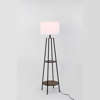 Modern Matte Black Floor Lamp with Integrated Wood Shelves