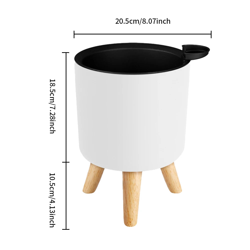 Self-Watering Modern Plant Stand with Wooden Legs - Round Minimalist Pot