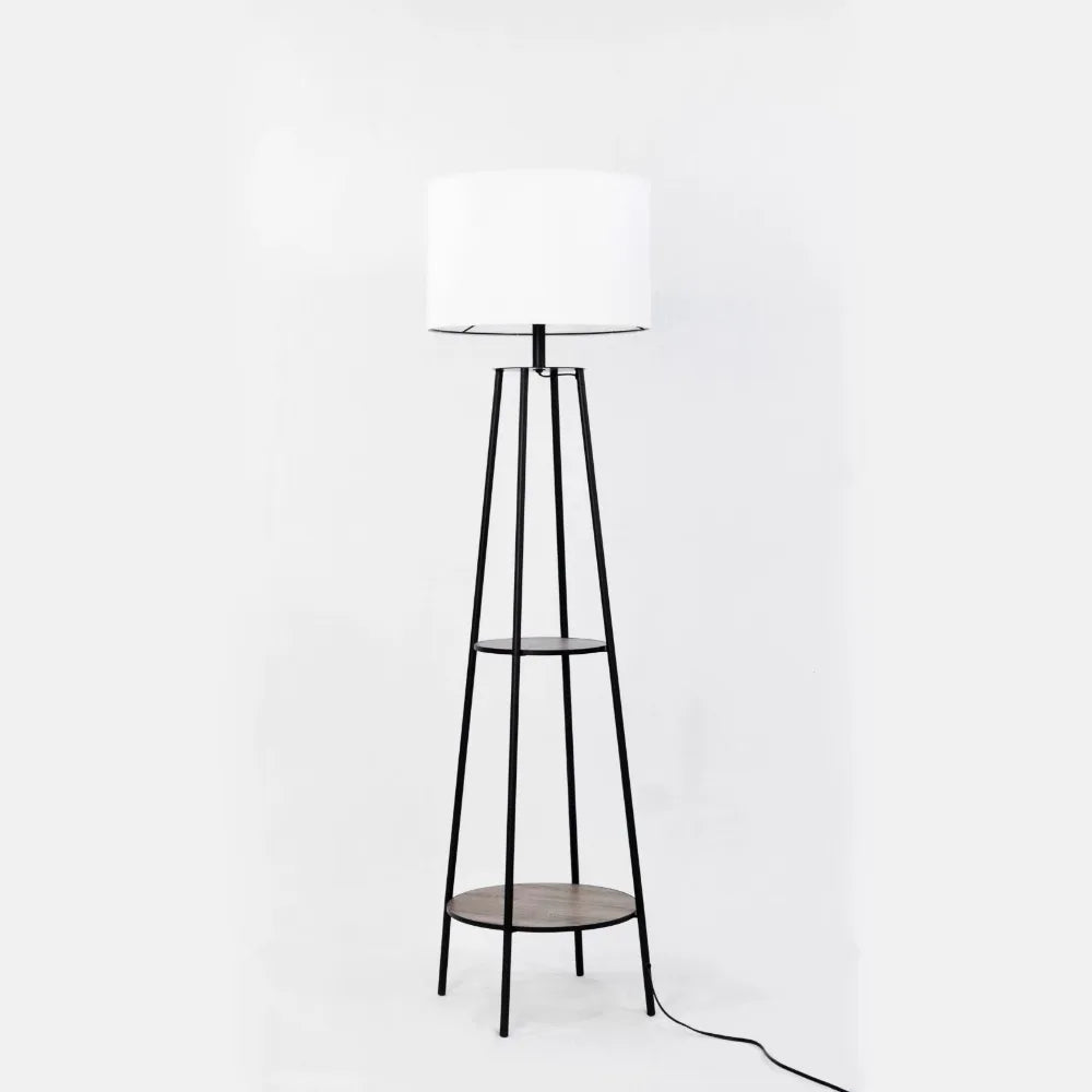 Modern Matte Black Floor Lamp with Integrated Wood Shelves