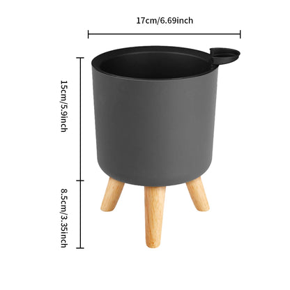 Self-Watering Modern Plant Stand with Wooden Legs - Round Minimalist Pot