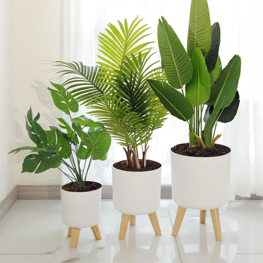 Self-Watering Modern Plant Stand with Wooden Legs - Round Minimalist Pot